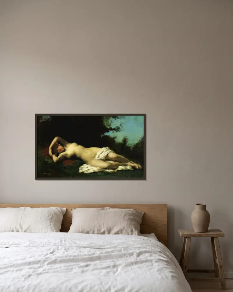 En nymf i ett skogslandskap av Jean-Jacques Henner inramad på en vägg