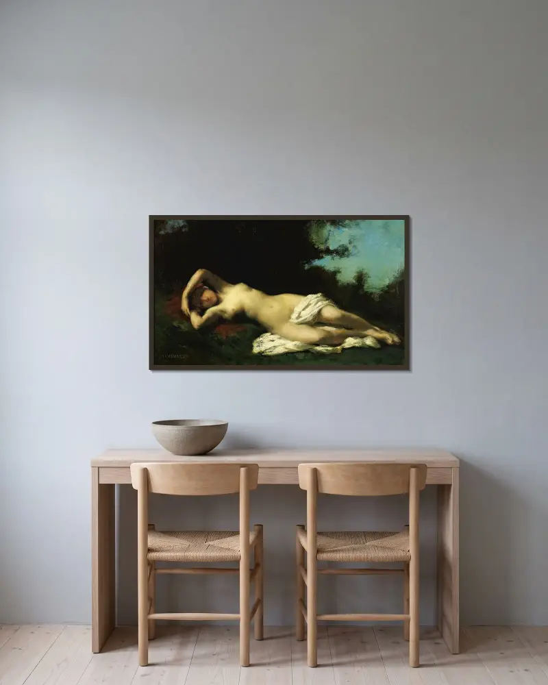 En nymf i ett skogslandskap av Jean-Jacques Henner inramad på en vägg