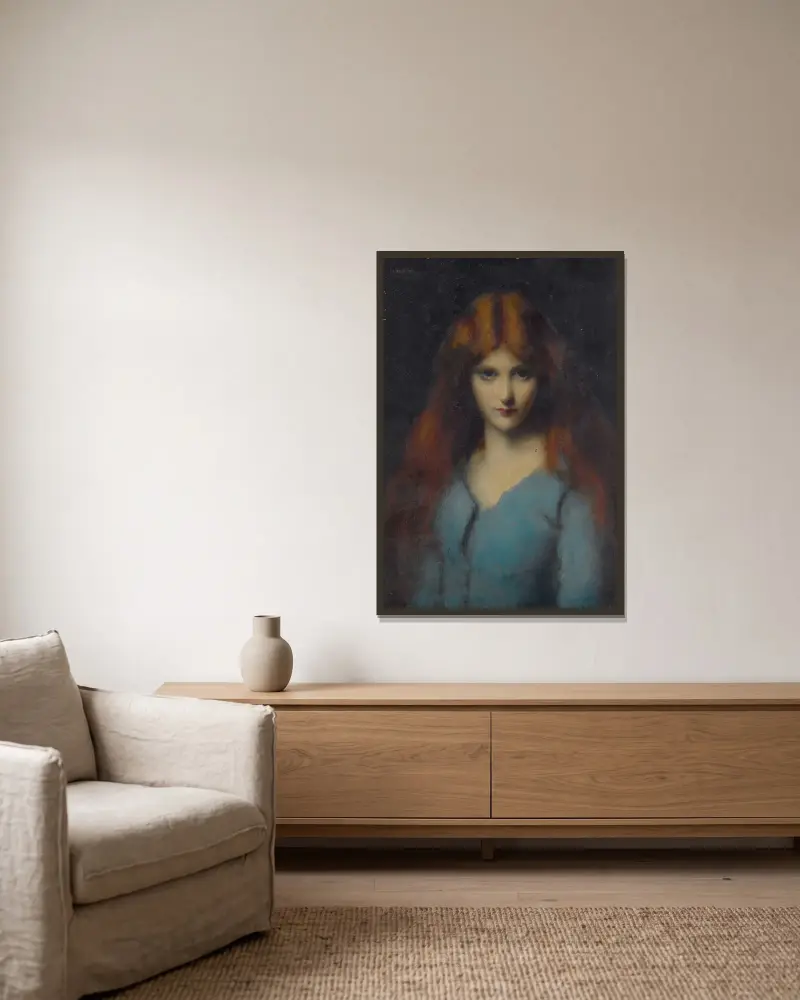 Ung flicka i blå klänning av Jean-Jacques Henner inramad på en vägg