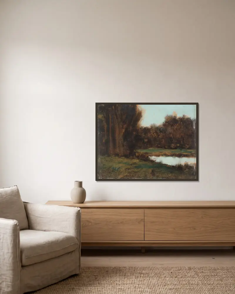 Alsaská krajina s rybníkem, Jean-Jacques Henner v rámu na stěně