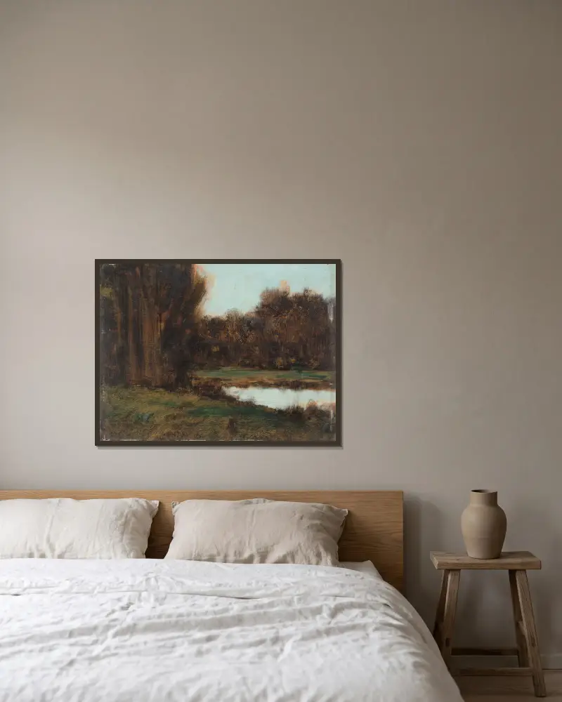 Alsaská krajina s rybníkem, Jean-Jacques Henner v rámu na stěně