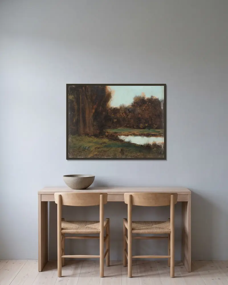 Alsaská krajina s rybníkem, Jean-Jacques Henner v rámu na stěně