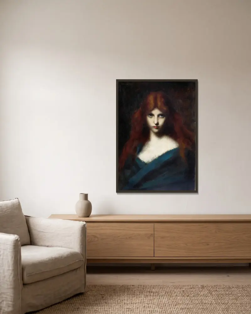 Porträtt av ung flicka med rött hår av Jean-Jacques Henner inramad på en vägg