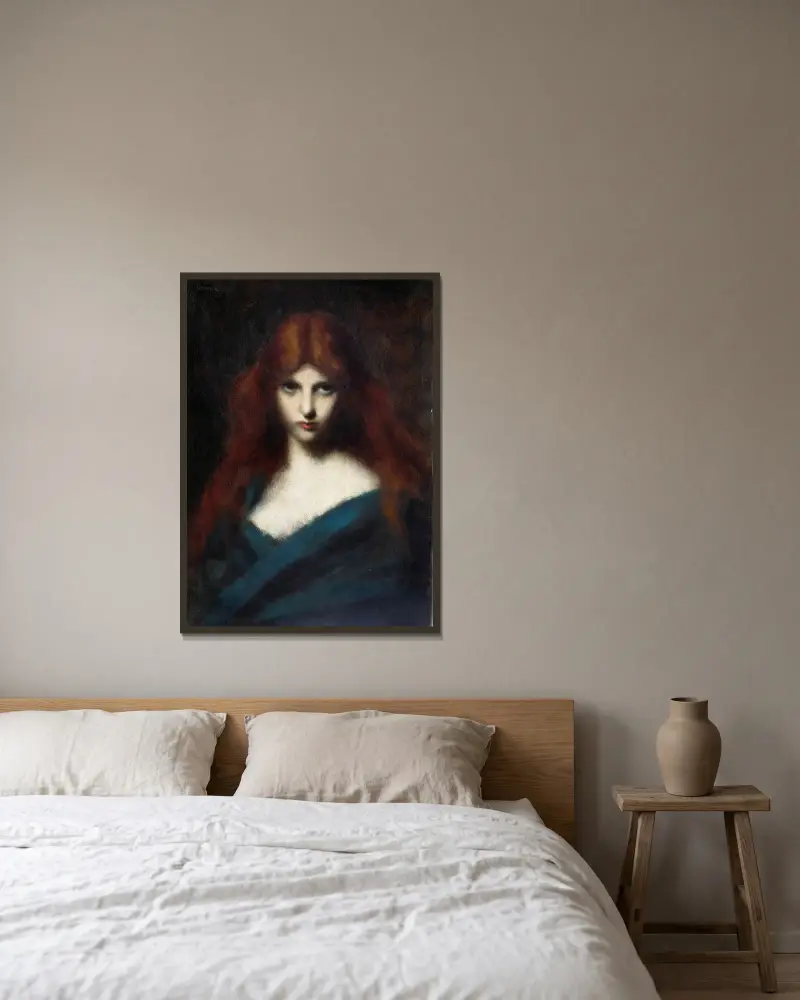 Porträtt av ung flicka med rött hår av Jean-Jacques Henner inramad på en vägg
