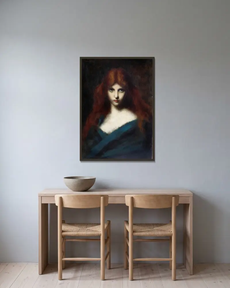 Porträtt av ung flicka med rött hår av Jean-Jacques Henner inramad på en vägg