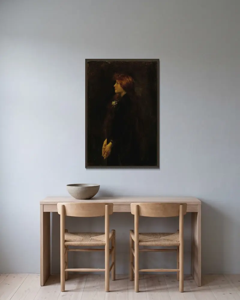 Porträtt, rödhårig skönhet i profil av Jean-Jacques Henner inramad på en vägg