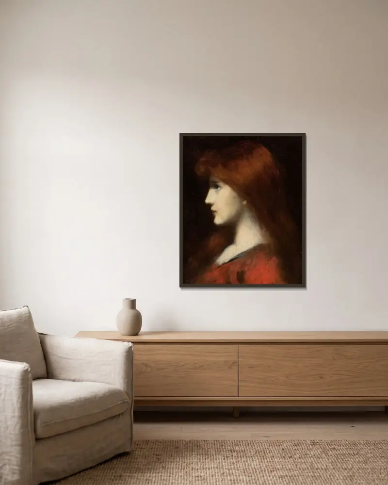 Rödhårig kvinna i profil av Jean-Jacques Henner inramad på en vägg