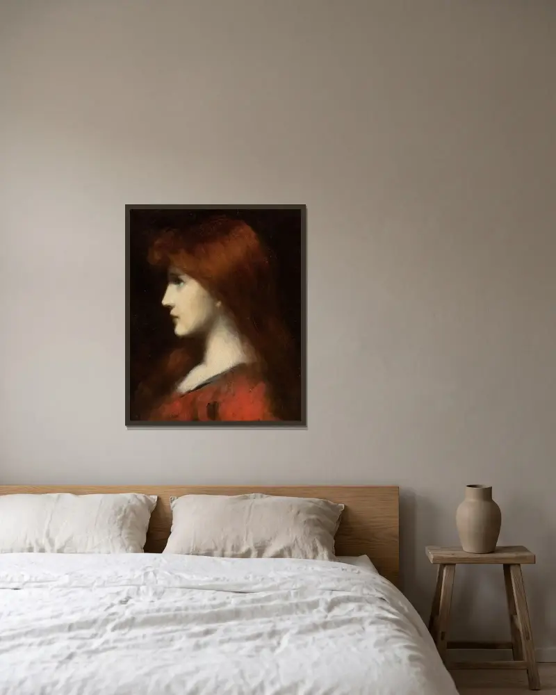 Rödhårig kvinna i profil av Jean-Jacques Henner inramad på en vägg