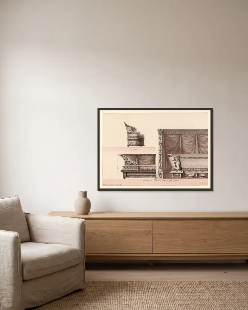 Soffor och skärm i antik smak av Jean Jacques Lequeu inramad på en vägg