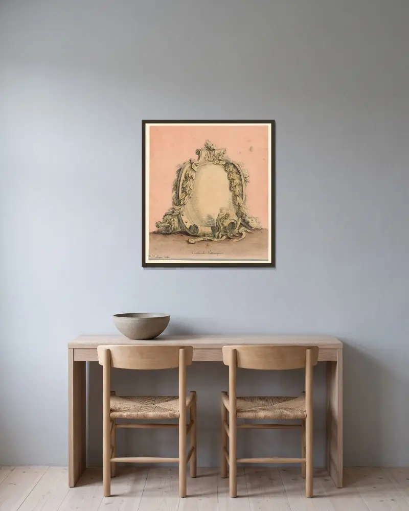 Cartouche pitoresque av Jean Jacques Lequeu inramad på en vägg