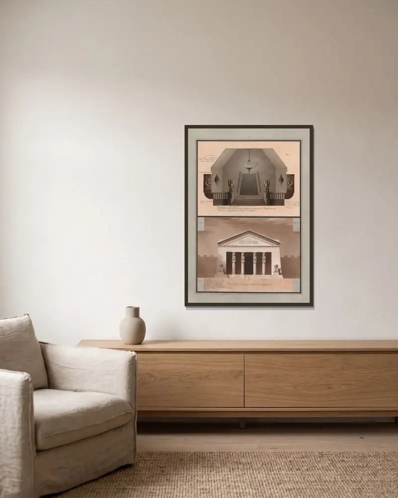 Ce porche ou vestibule, qui sert d’entrée aux lieux souterreins, et a la demeure de Pluton, donne sur le côté droit de la face latérale du temple de la Sagesse av Jean Jacques Lequeu inramad på en vägg