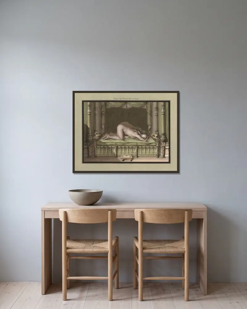 Teckning av en boudoir, från soffans sida av Jean Jacques Lequeu inramad på en vägg