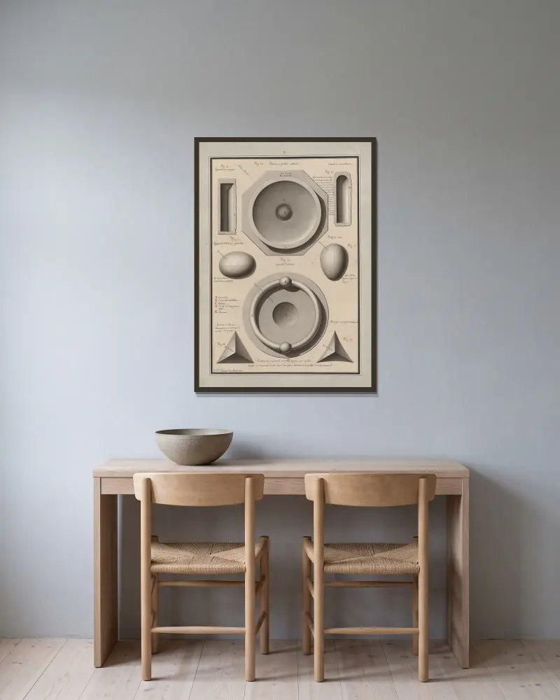 Teckning som visar med figurer, med vilka nyanser, och hur man ska lavera planer, elevationer och profiler av ogenomskinliga kroppar, 1777 – nr 11 av Jean Jacques Lequeu inramad på en vägg