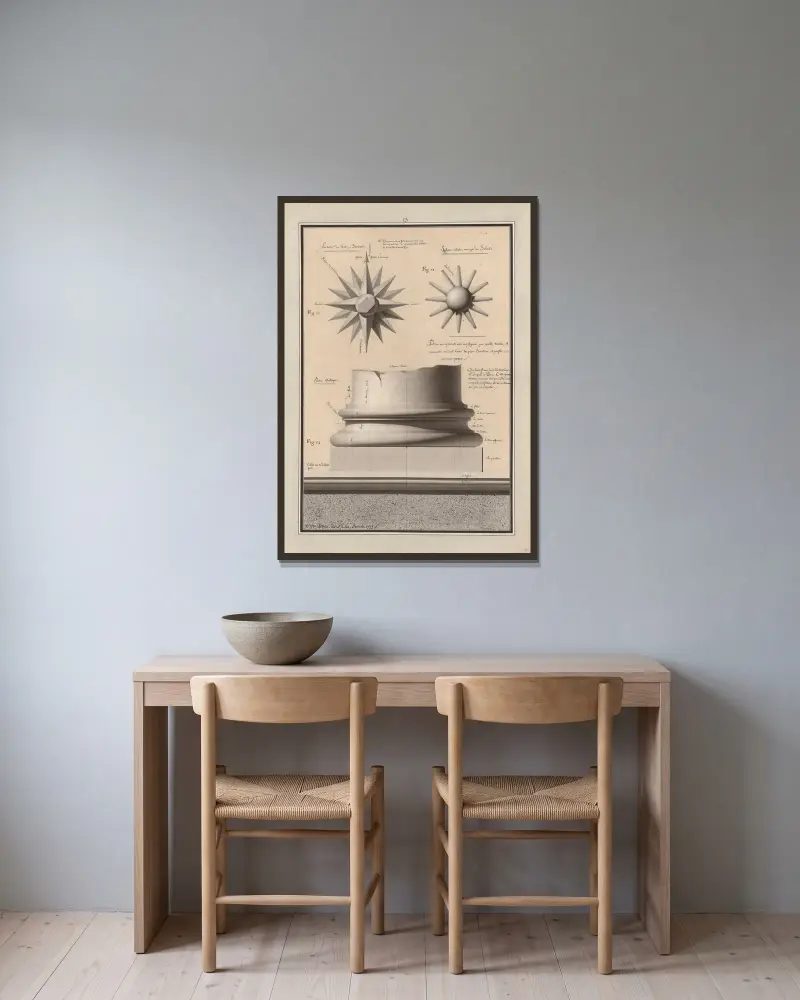 Teckning som med figurer visar med vilka nyanser och hur man ska lavera planer, elevationer och profiler av ogenomskinliga kroppar, 1777 – nr 7 av Jean Jacques Lequeu inramad på en vägg