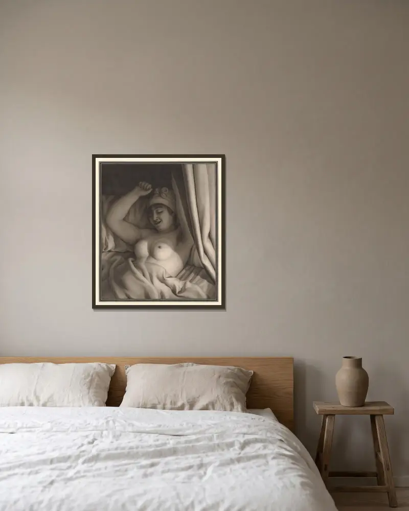 Etude de nu féminin dans un lit av Jean Jacques Lequeu inramad på en vägg