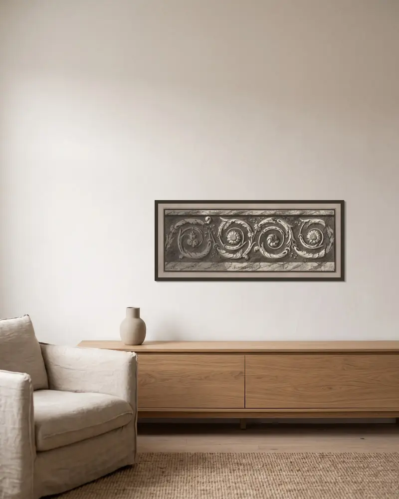 Antik fris av Jean Jacques Lequeu inramad på en vägg