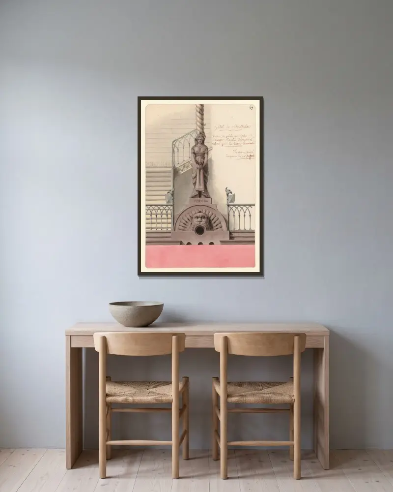 Hôtel de Montholon. Dessin du poële qui doit échaufer l’escalier d’honneur ; Eclairé par la Diane lumineuse av Jean Jacques Lequeu inramad på en vägg