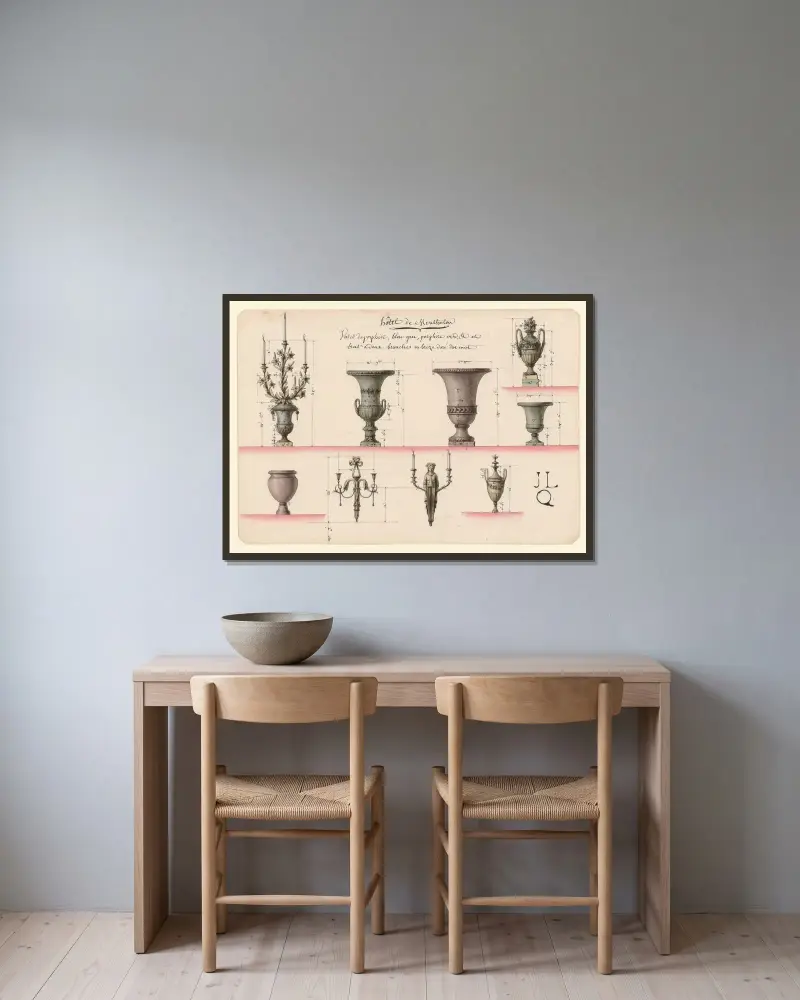 Hôtel de Montholon. Vases de porphire, bleu grec, porphire verd… et bras à deux branches en broze doré dor mat av Jean Jacques Lequeu inramad på en vägg