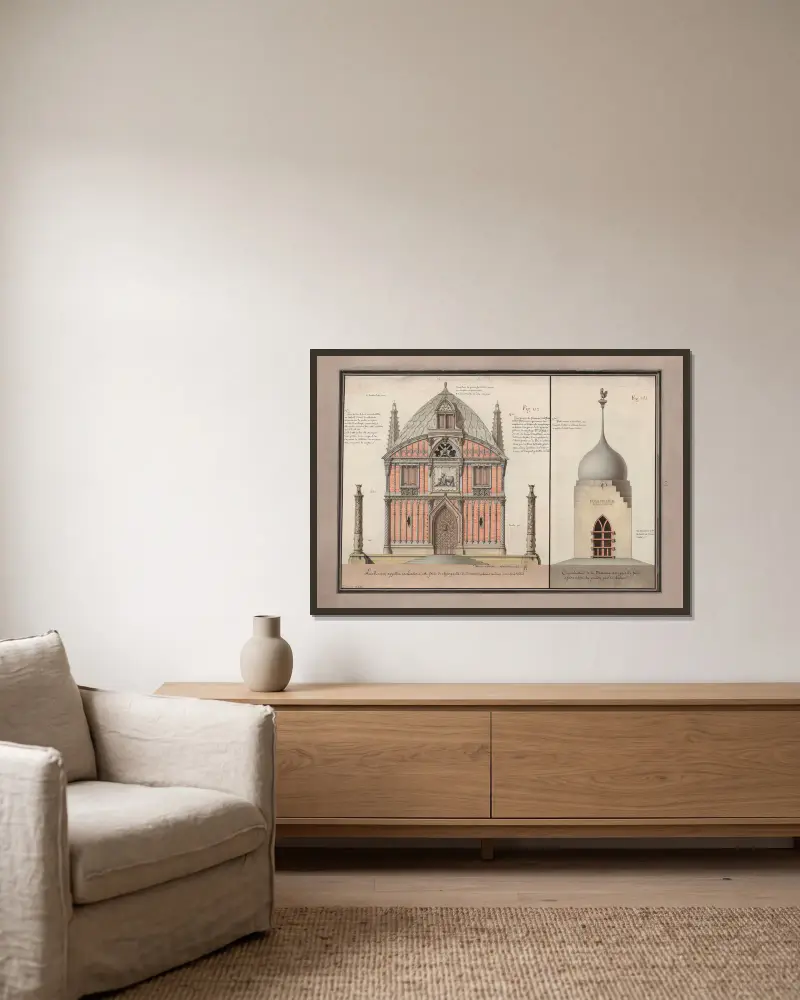 La maison appellée la laiterie, est faite de charpente de diverses couleurs, rendue inconbustible av Jean Jacques Lequeu inramad på en vägg