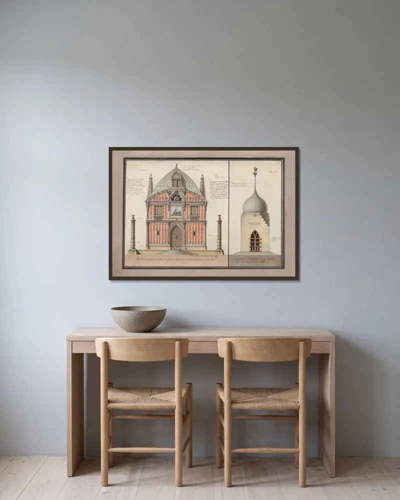 La maison appellée la laiterie, est faite de charpente de diverses couleurs, rendue inconbustible av Jean Jacques Lequeu inramad på en vägg