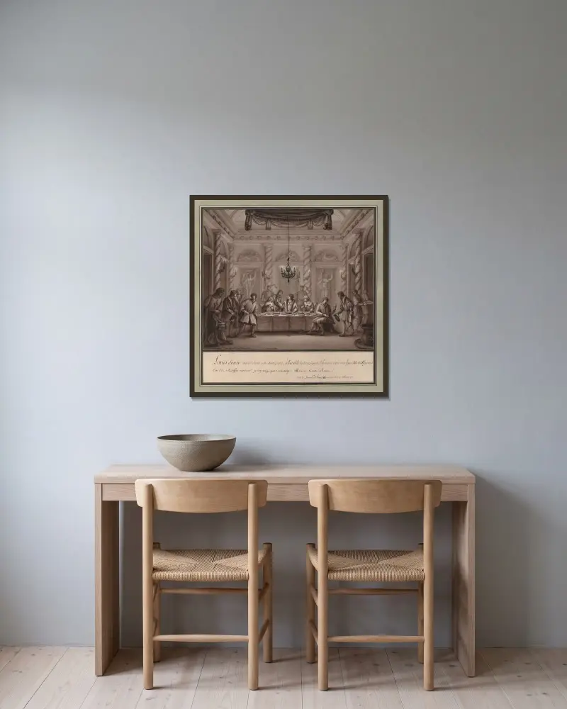 Louis douze assis dans son anti-salle, à la table de son grand échanson avec une famille de paysans… ; Acte 3e scène 6e de Louis XII comédie de Mr Valcour av Jean Jacques Lequeu inramad på en vägg