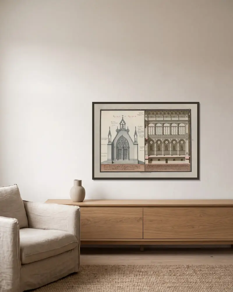 Neues Kirchenportal, angewandt auf den oberen Tempel der Isis, erbaut von den Galliern und erhalten von Franz I. von Jean Jacques Lequeu gerahmt an einer Wand