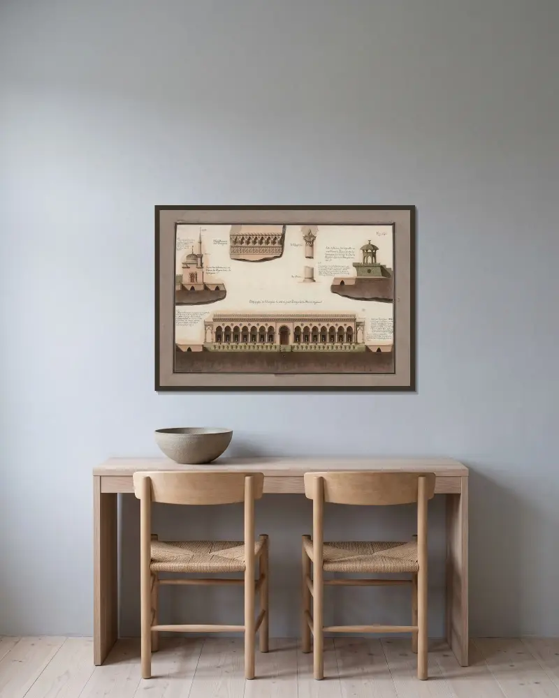 Orthographie de l’orangerie du côté du grand potager de la maison de plaisir ; L’entablement de l’orangerie ; Le chapiteau ; La base av Jean Jacques Lequeu inramad på en vägg