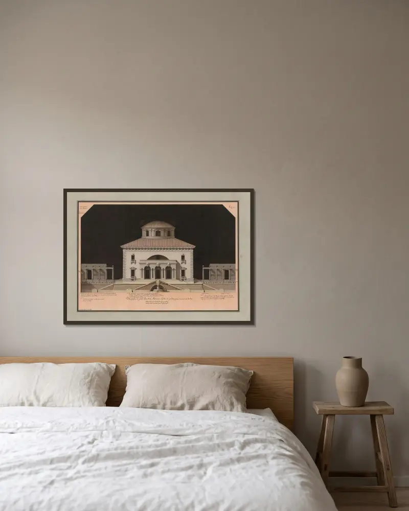 Orthographie du grand pavillon romain, côté du jardin paré, donnant sur le lac av Jean Jacques Lequeu inramad på en vägg