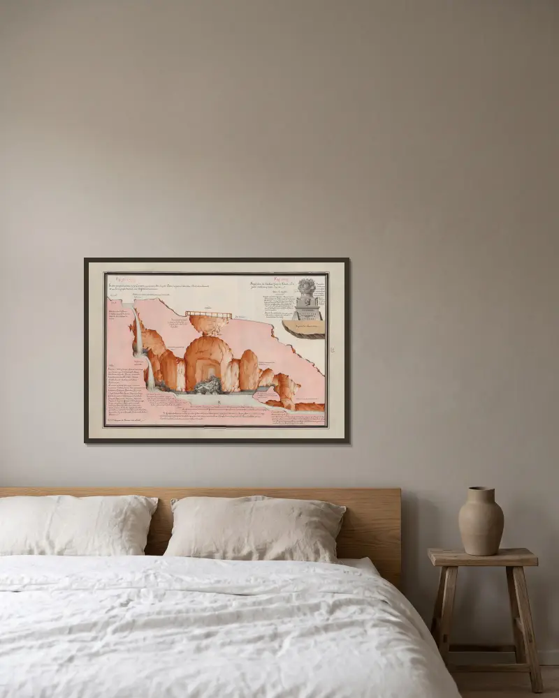 Section perpendiculaire de la caverne un peu travaillée du petit parc, des jardins délectables d’Isis, clos rondement av Jean Jacques Lequeu inramad på en vägg