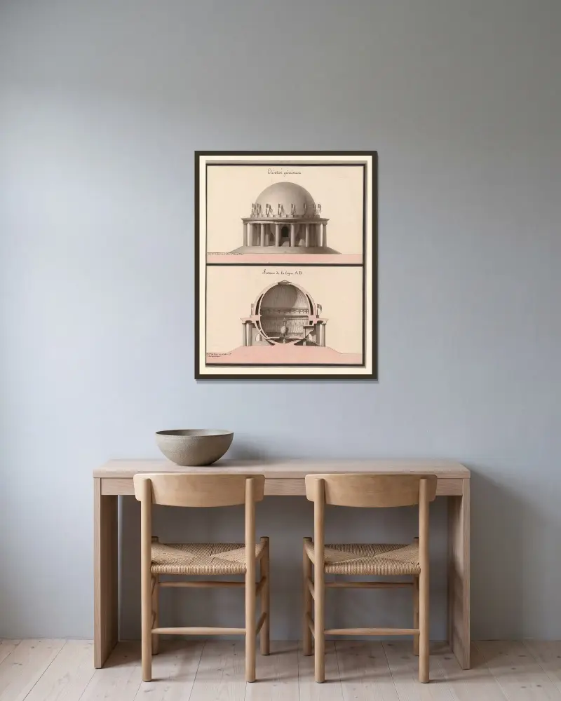 Der Gleichheit geweihter Tempel. Geometrische Aufrisszeichnung; Schnitt entlang der Linie AB von Jean Jacques Lequeu gerahmt an einer Wand