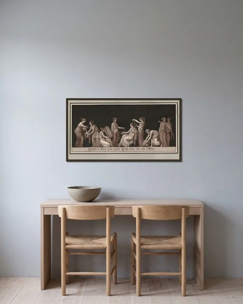 Kirces toalett för att ta emot Odysseus på hennes ö Aiaia av Jean Jacques Lequeu inramad på en vägg