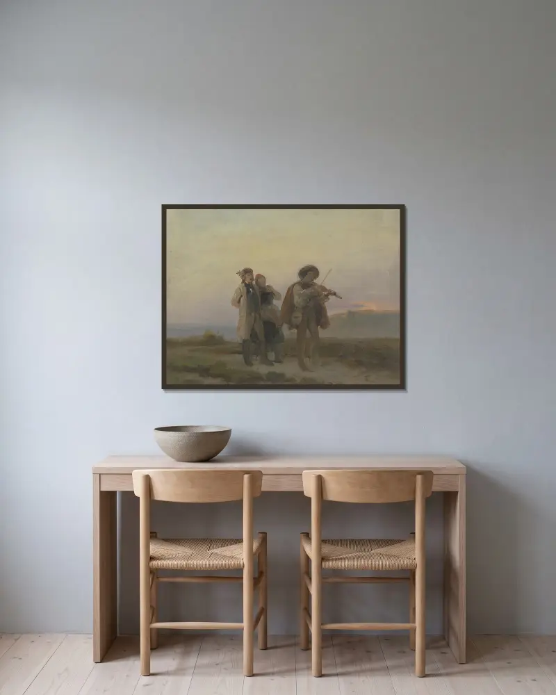 Abendlicher Spaziergang, Geiger und Bauernpaar auf den Feldern av Jakob Becker inramad på en vägg