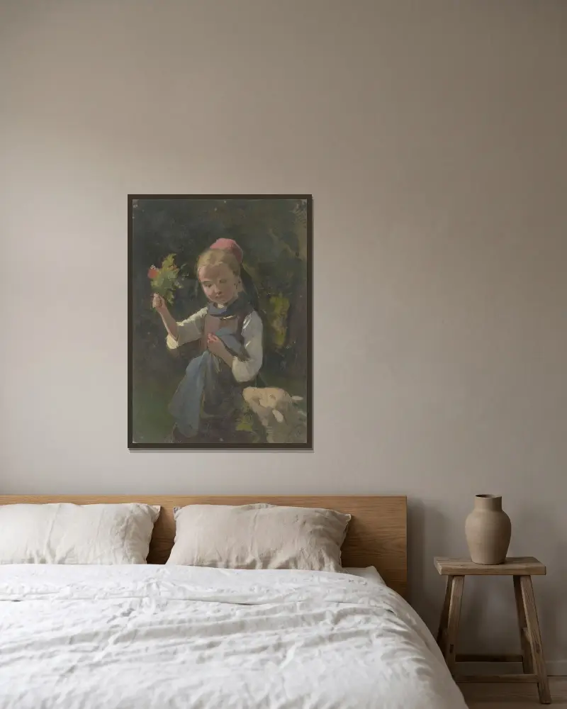 Bondflicka med blombukett, från höger ett får av Jakob Becker inramad på en vägg