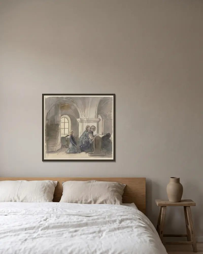 Bedjande bönder i en kyrka av Jakob Becker inramad på en vägg