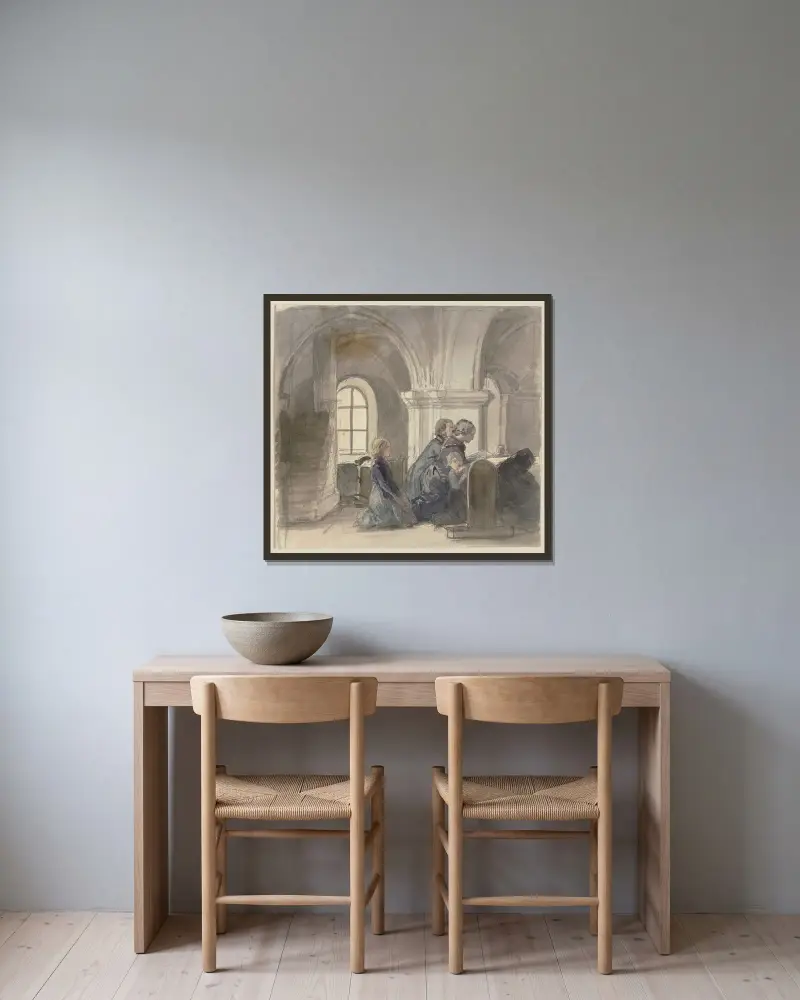 Bedjande bönder i en kyrka av Jakob Becker inramad på en vägg