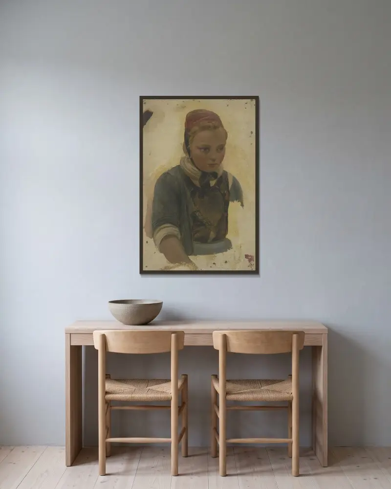 Porträtt av en liten bondflicka av Jakob Becker inramad på en vägg