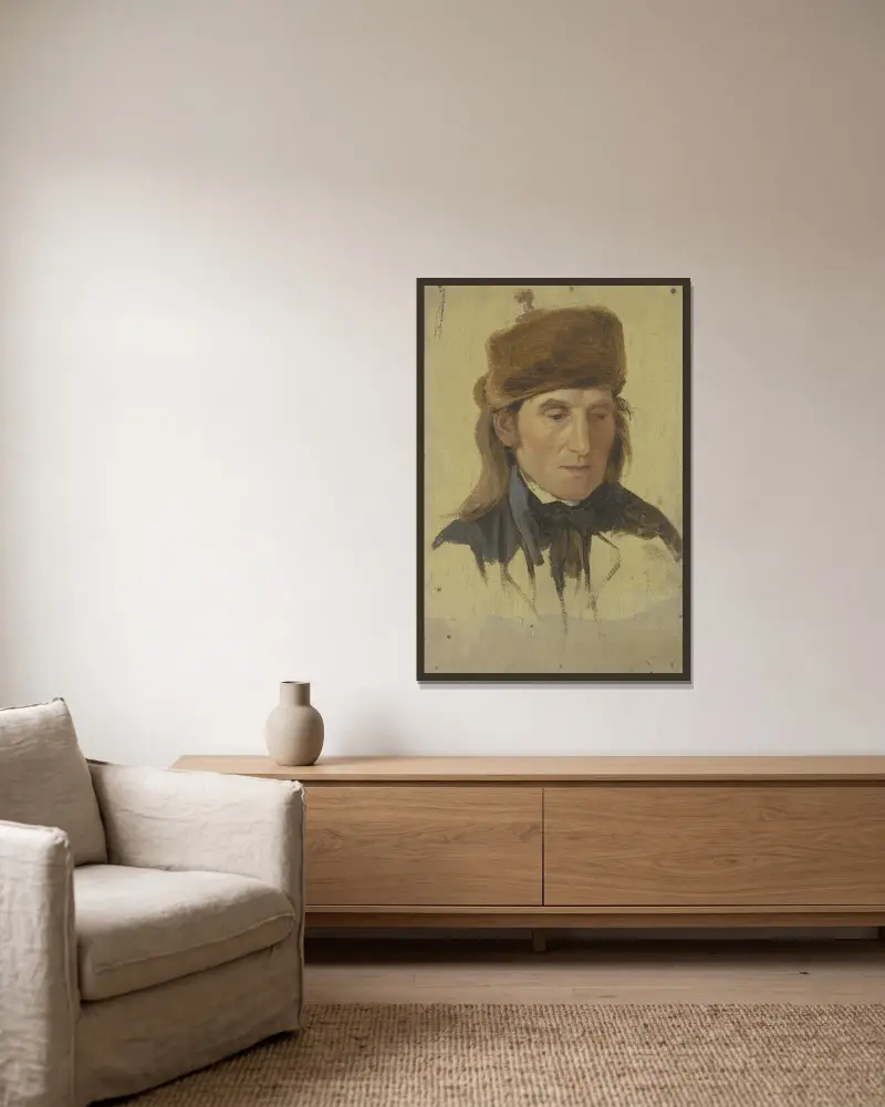 Bauer mit Pelzmütze von Jakob Becker gerahmt an einer Wand