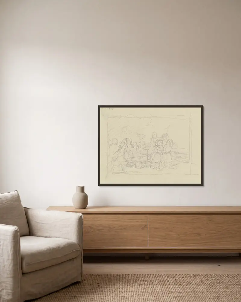 Barn som drar en vagn av Jakob Becker inramad på en vägg