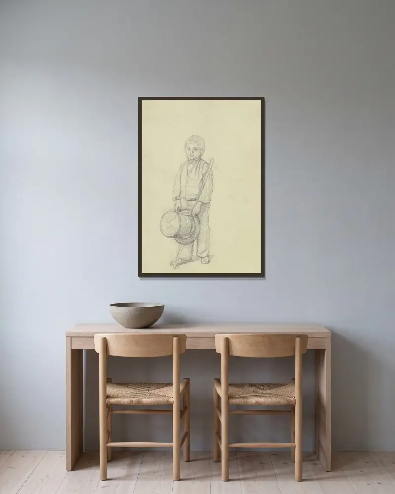 Liten pojke med stor cylinderhatt i handen av Jakob Becker inramad på en vägg