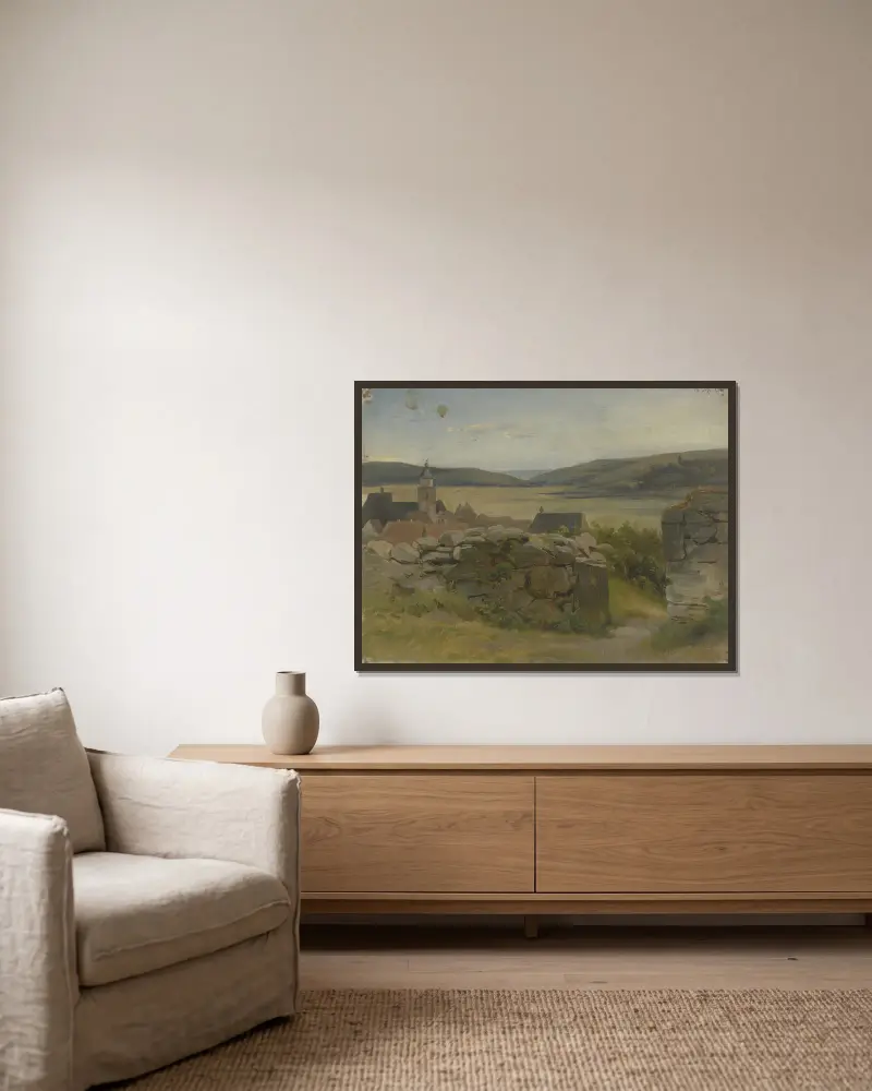 Kleines Dorf mit Blick auf Wiese av Jakob Becker inramad på en vägg