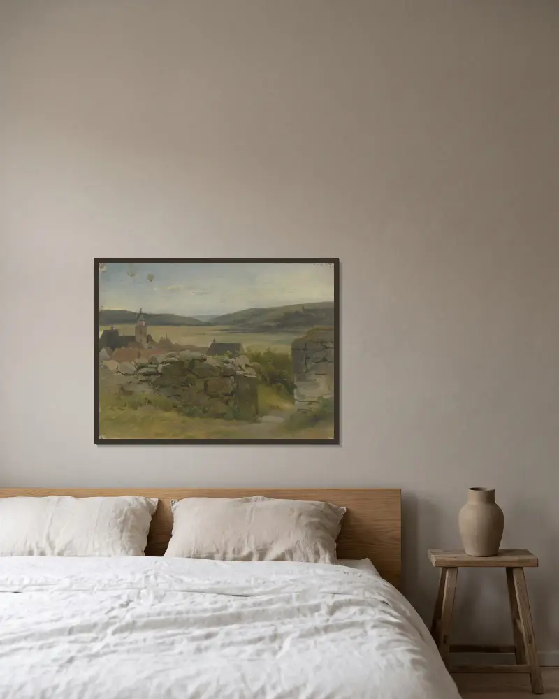 Kleines Dorf mit Blick auf Wiese av Jakob Becker inramad på en vägg