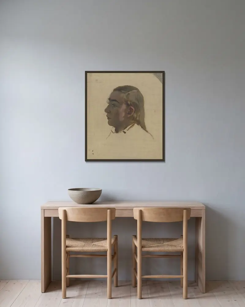 Huvud av en ung man av Jakob Becker inramad på en vägg