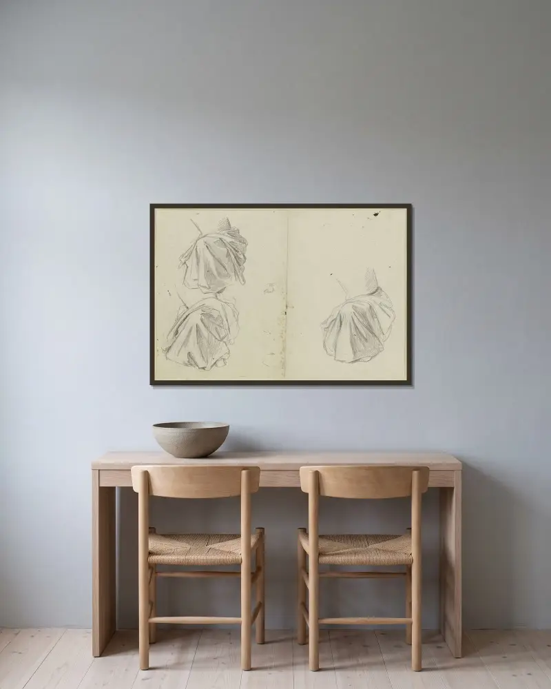 Studieblad; Knäende draperade figurer av Jakob Becker inramad på en vägg