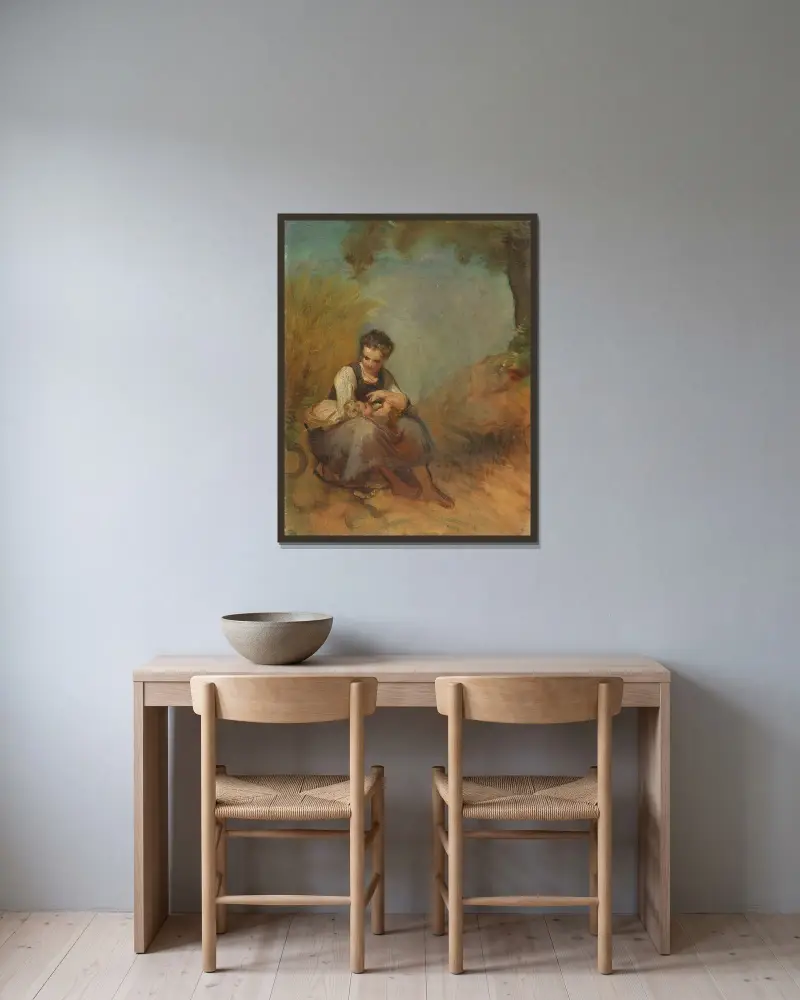 Studie av en ung kvinna med spädbarn av Jakob Becker inramad på en vägg