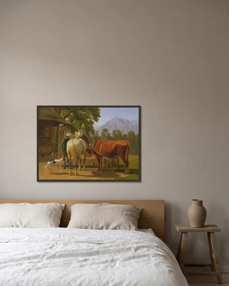 Ein Pferd und eine Kuh an einem Brunnen, im Hintergrund der Gipfel Niesen von Johann Jakob Biedermann gerahmt an einer Wand