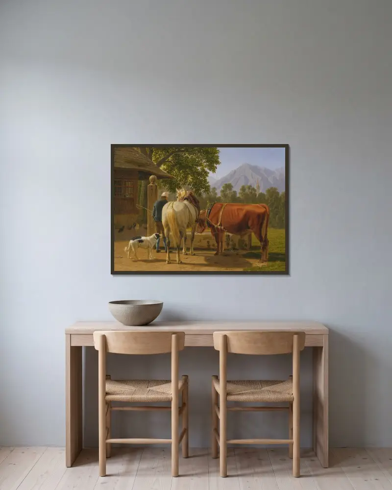 Ein Pferd und eine Kuh an einem Brunnen, im Hintergrund der Gipfel Niesen von Johann Jakob Biedermann gerahmt an einer Wand