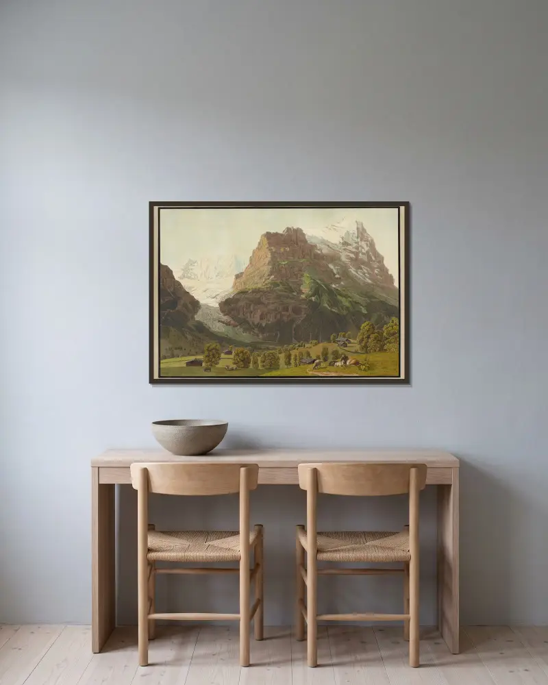 Grindelwald, dolní ledovec s Eigerem, Johann Jakob Biedermann v rámu na stěně
