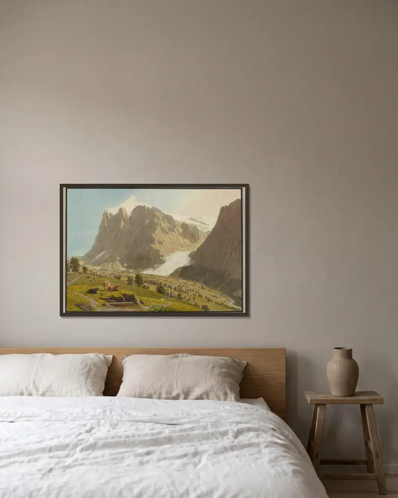 Grindelwald von Westen mit Wetterhorn und dem oberen Gletscher av Johann Jakob Biedermann inramad på en vägg