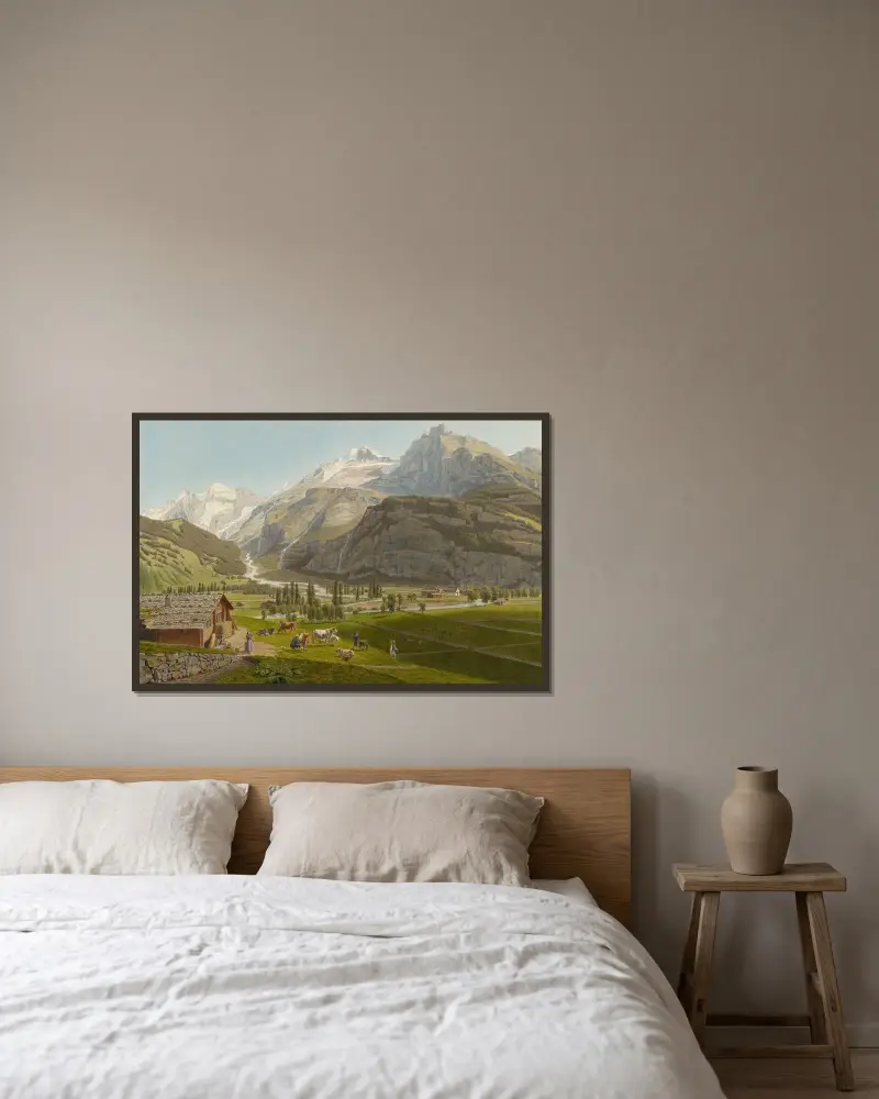 Kandersteg och Kandertal, från norr av Johann Jakob Biedermann inramad på en vägg