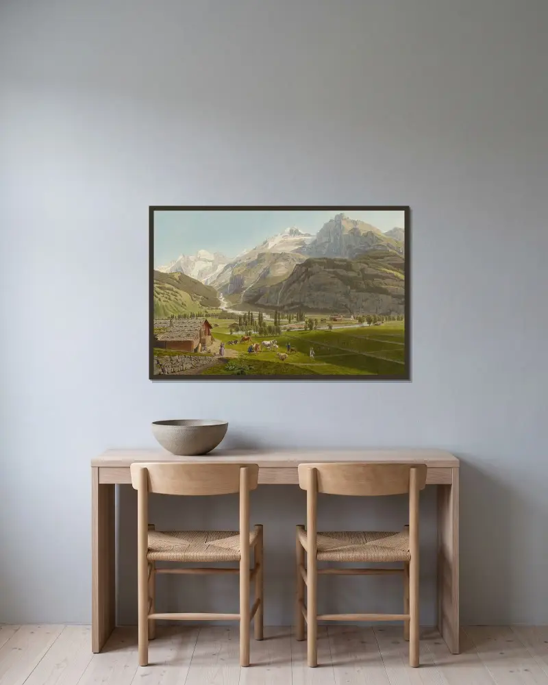 Kandersteg och Kandertal, från norr av Johann Jakob Biedermann inramad på en vägg
